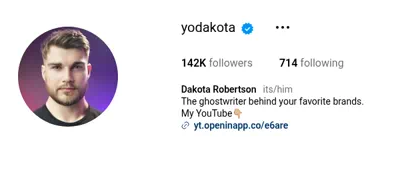 Screenshot of Dakota Robertson’s Instagram profile, @yodakota