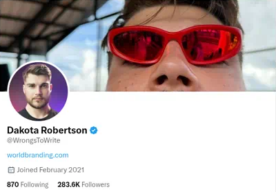 Screenshot of Dakota Robertson’s X profile, @WrongsToWrite